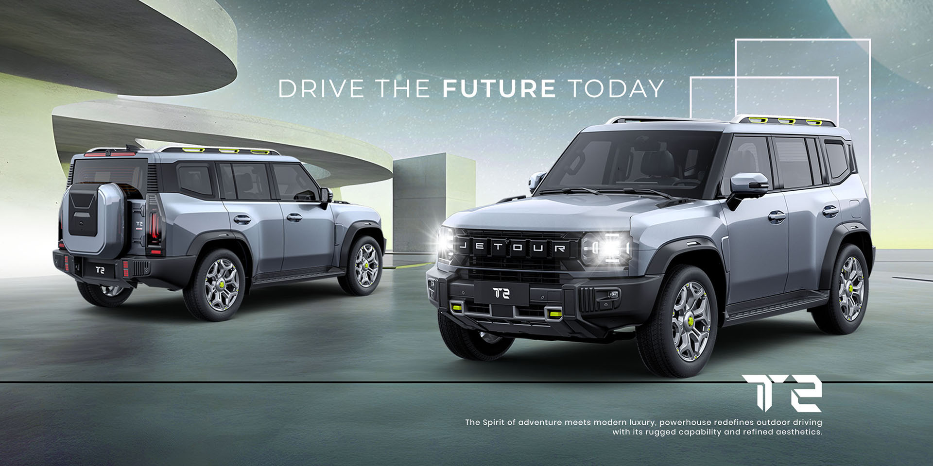 JETOUR banner with the message Drive the Future Today showcasing a futuristic SUV
